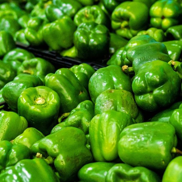 Close-up of a pile of fresh green capsicums