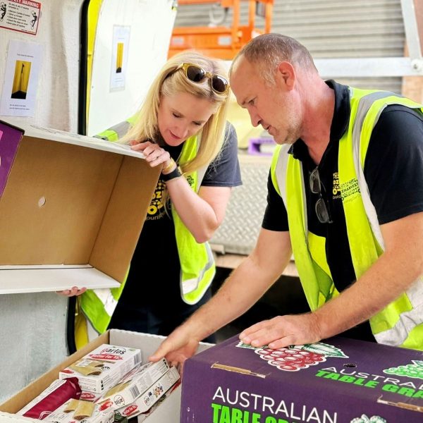 Two volunteers in hi-vis vests unpack boxes of food from a truck, sorting eggs and Australian table grapes
